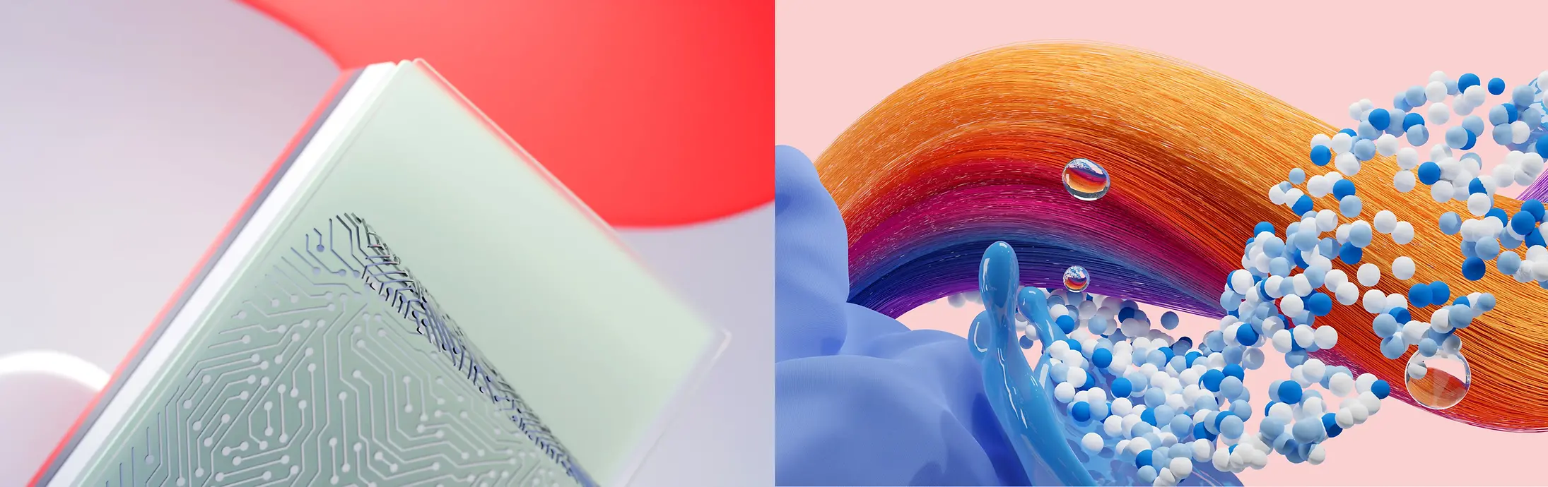 Abstraktes Bild das die Henkel Unternehmensbereiche Adhesive Technologies und Consumer Brands (Hair und Laundry & Home Care) repräsentiert.