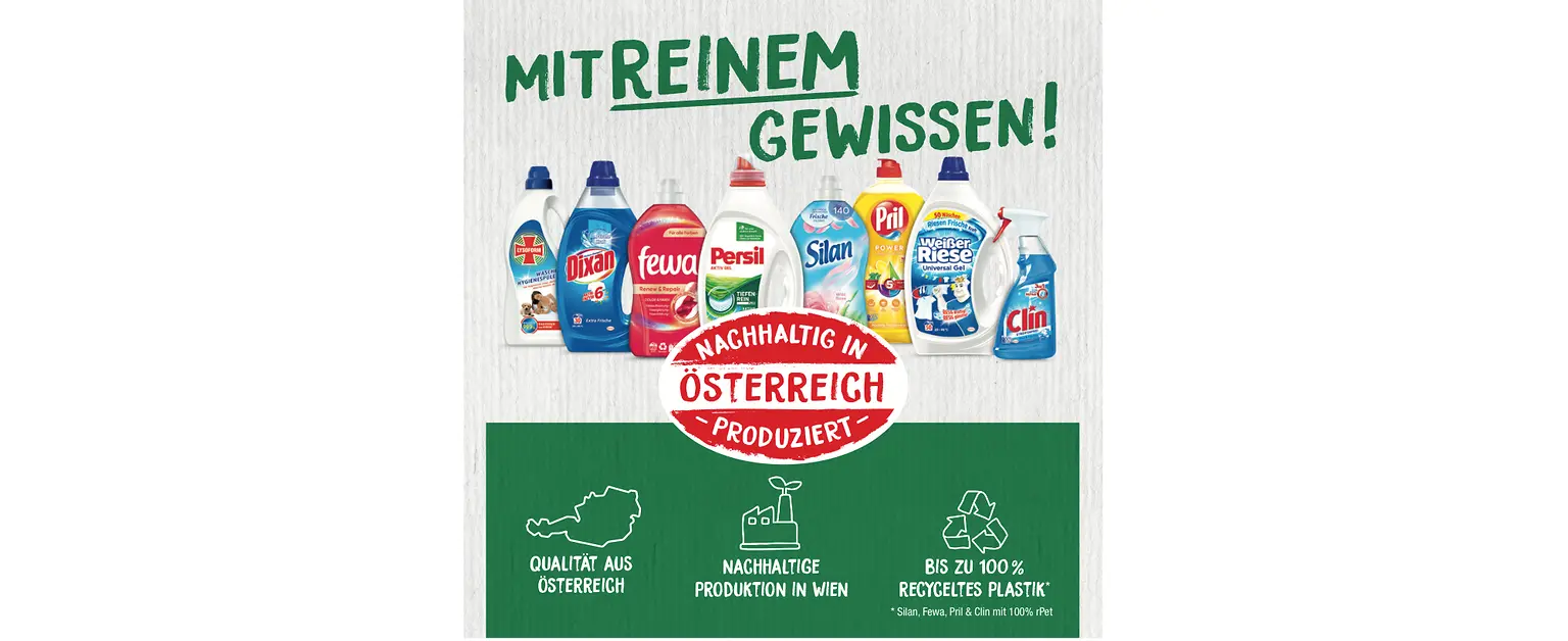 In seiner aktuellen Kampagne für Wasch- und Reinigungsmittel fokussiert Henkel unter dem Motto „Mit reinem Gewissen“ auf die wesentlichen Vorteile der Henkel-Produktion in Wien.