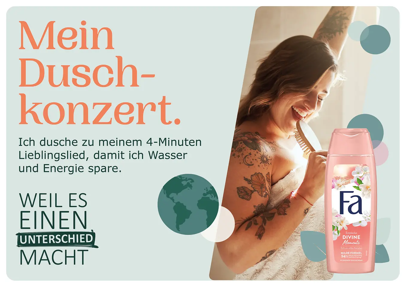 Mein Duschkonzert. Ich dusche zu meinem 4-Minuten Lieblingslied, damit ich Wasser und Energie spare.