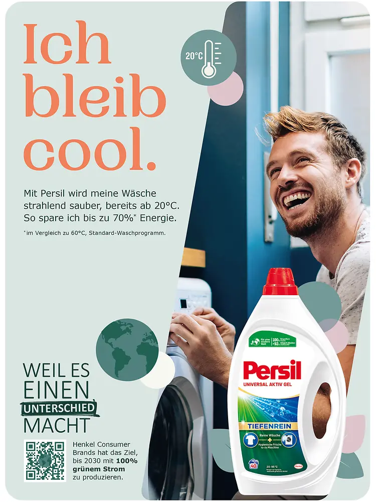 Tipp 2: Ich bleib cool. Mit Persil wird meine Wäsche strahlend sauber, bereits ab 20 °C. So spare ich bis zu 70 Prozent Energie.