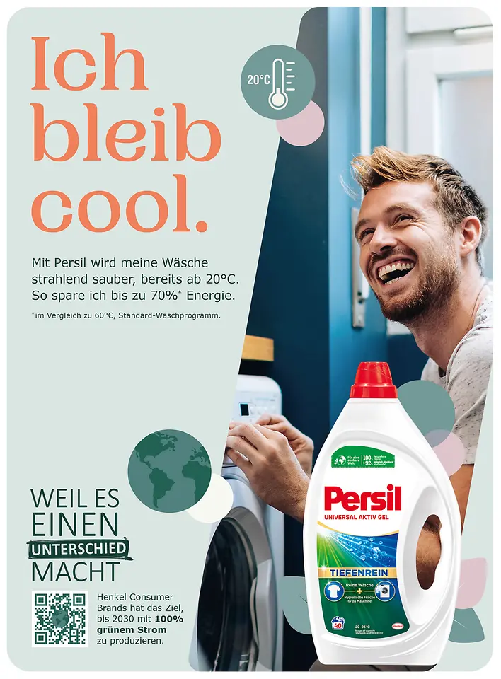 Tipp 2: Ich bleib cool. Mit Persil wird meine Wäsche strahlend sauber, bereits ab 20 °C. So spare ich bis zu 70 Prozent Energie.